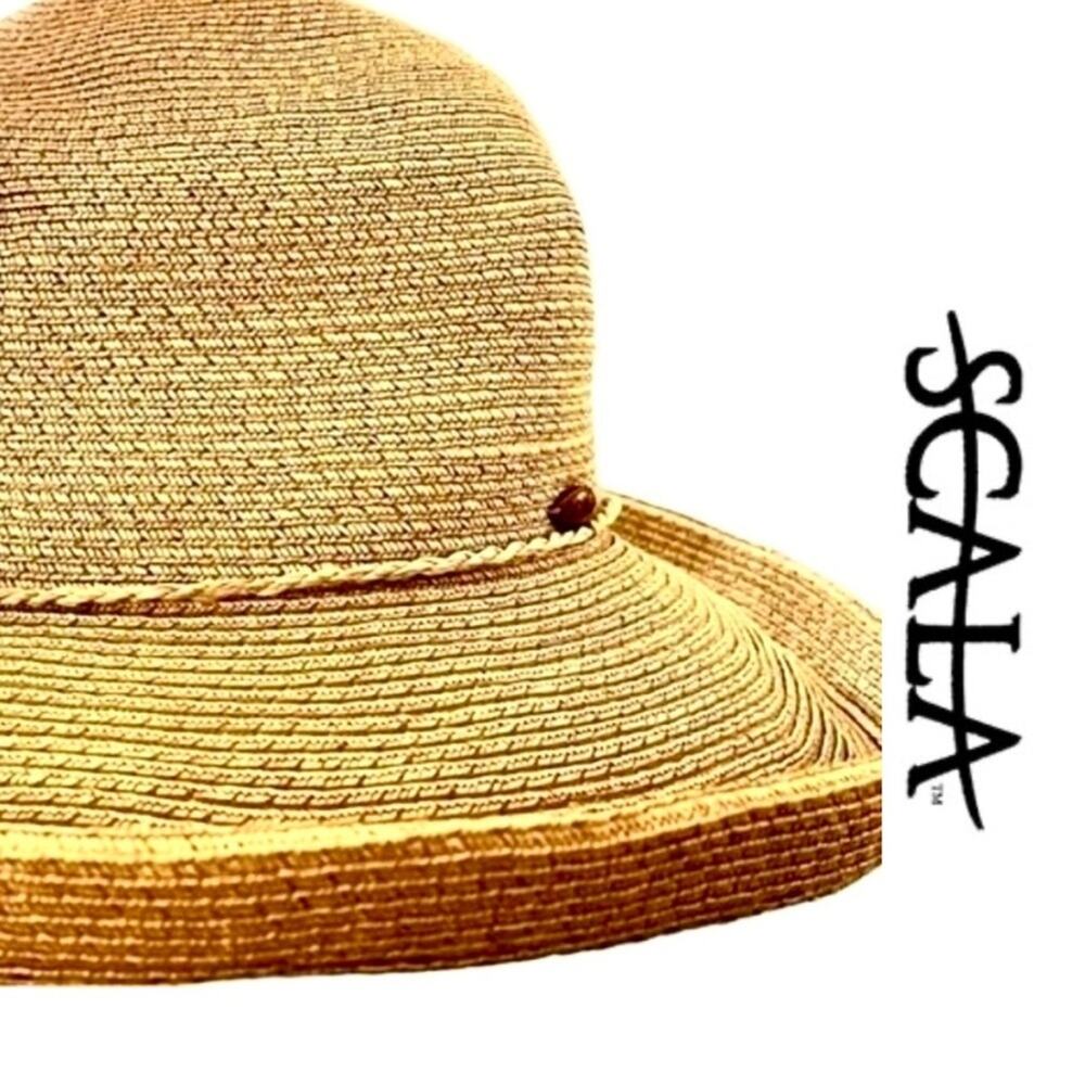Scala Collection Women Tan Sage Green Paper Straw Sun Hat Wide Brim Beach Summer